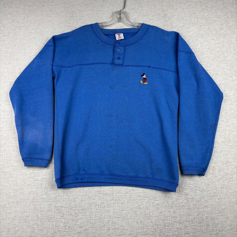 Disney Wear Mens Large Mickey Mouse Henley Vintage Sweatshirt Blue  USA Made